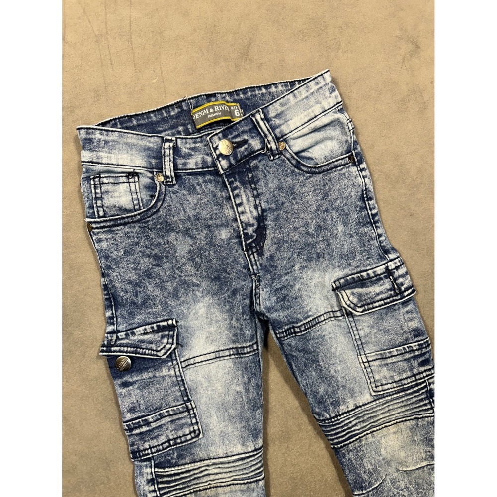 DENIM & RIVETS Kids Boys Blue Acid‎ Wash Moto Cargo Jeans Size 6